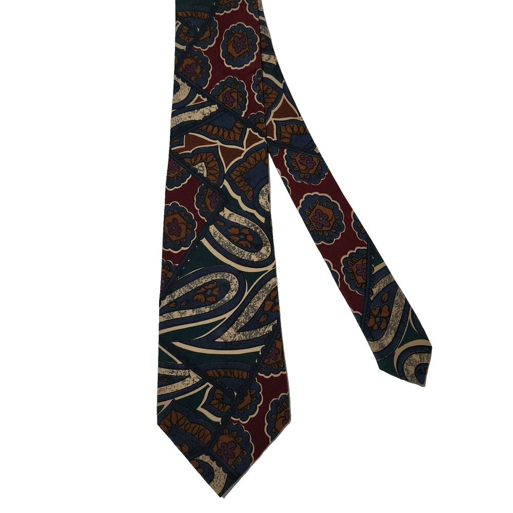 JSACO Mens Silk Neck Tie Teal Burgundy Red Beige Made in Italy 3.5" x 57.5"